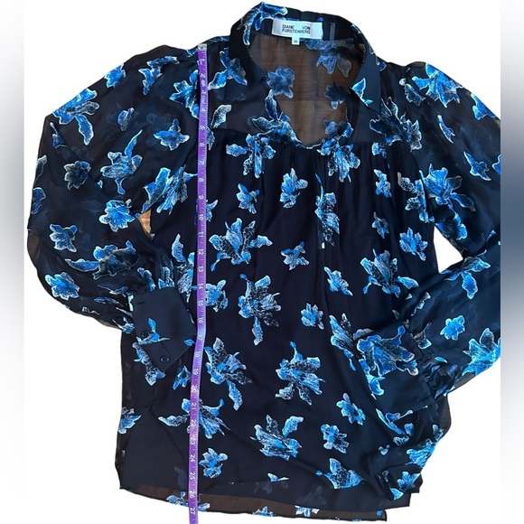 Diane Von Furstenberg Blue Floral Orchid Silk Burnout Long Sleeve Blouse V Neck - Picture 7 of 12